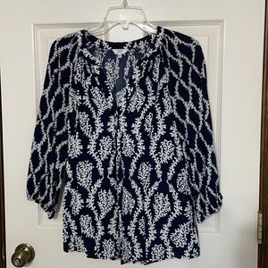 Crown & Ivy Navy/White Peasant V-Neck Blouse Sz. Medium